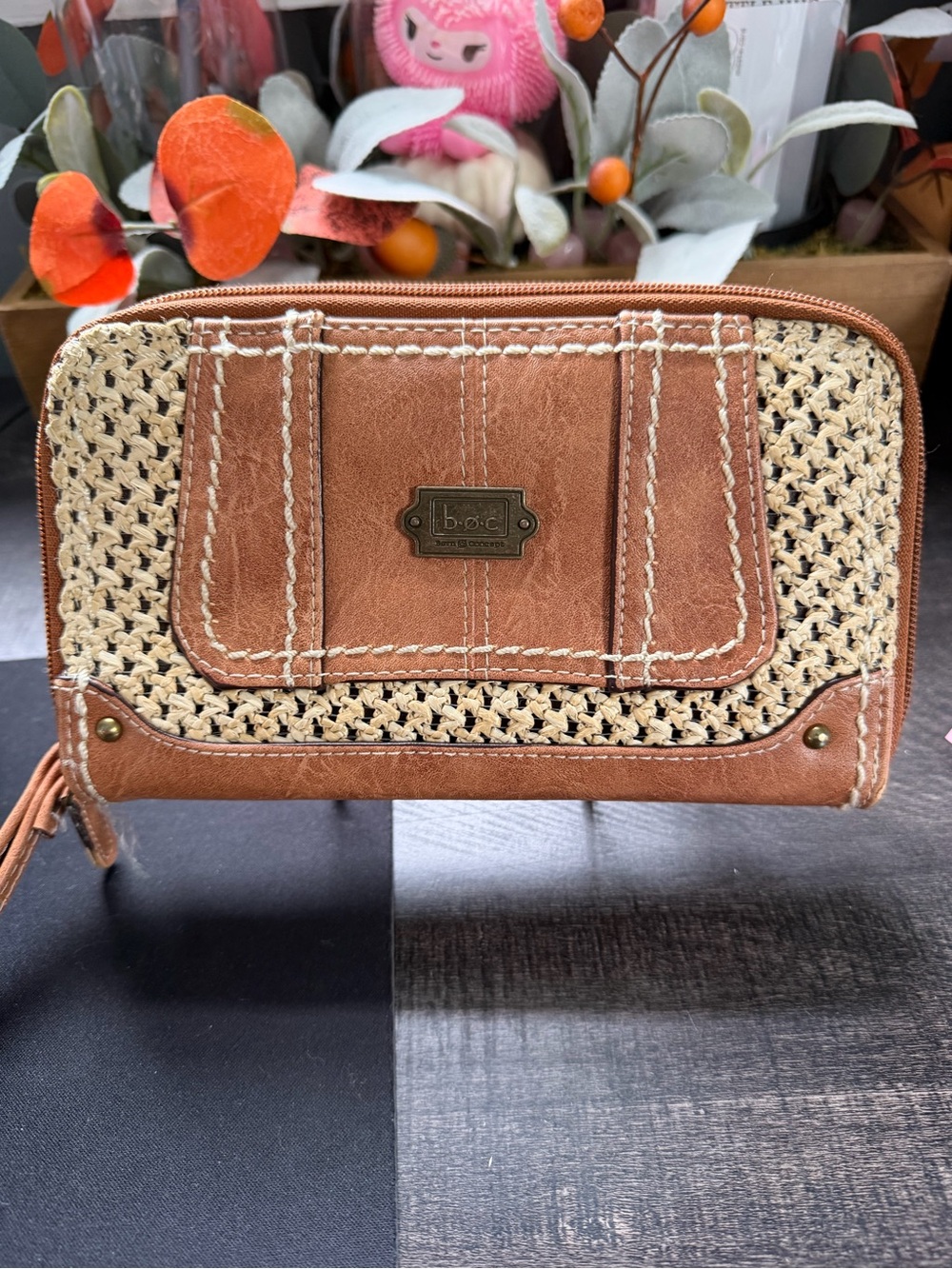 b.o.c. Brown Woven Zip-Around Wallet with Braided Detail